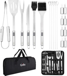 GrillX BBQ Zubehör Werkzeugset - BBQ Zange, Spatel, Gabel, Bürste - Komplettes Grillwerkzeug Set