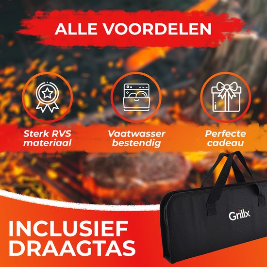 GrillX BBQ Zubehör Werkzeugset - BBQ Zange, Spatel, Gabel, Bürste - Komplettes Grillwerkzeug Set