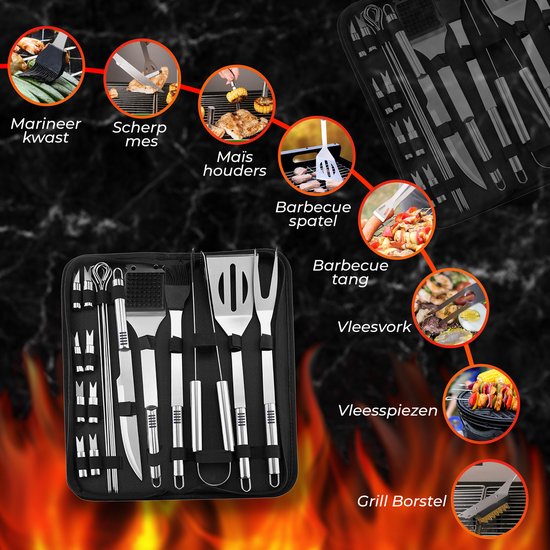 GrillX BBQ Zubehör Werkzeugset - BBQ Zange, Spatel, Gabel, Bürste - Komplettes Grillwerkzeug Set