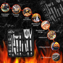 GrillX BBQ Zubehör Werkzeugset - BBQ Zange, Spatel, Gabel, Bürste - Komplettes Grillwerkzeug Set