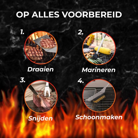 GrillX BBQ Zubehör Werkzeugset - BBQ Zange, Spatel, Gabel, Bürste - Komplettes Grillwerkzeug Set