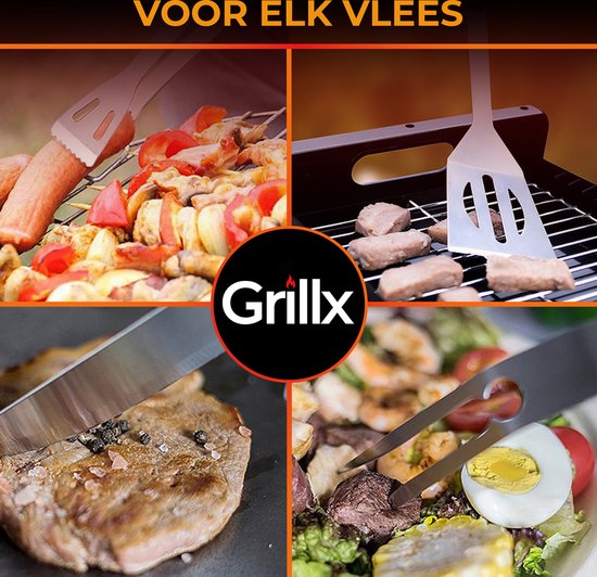 GrillX BBQ Zubehör Werkzeugset - BBQ Zange, Spatel, Gabel, Bürste - Komplettes Grillwerkzeug Set