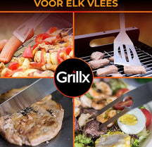 GrillX BBQ Zubehör Werkzeugset - BBQ Zange, Spatel, Gabel, Bürste - Komplettes Grillwerkzeug Set