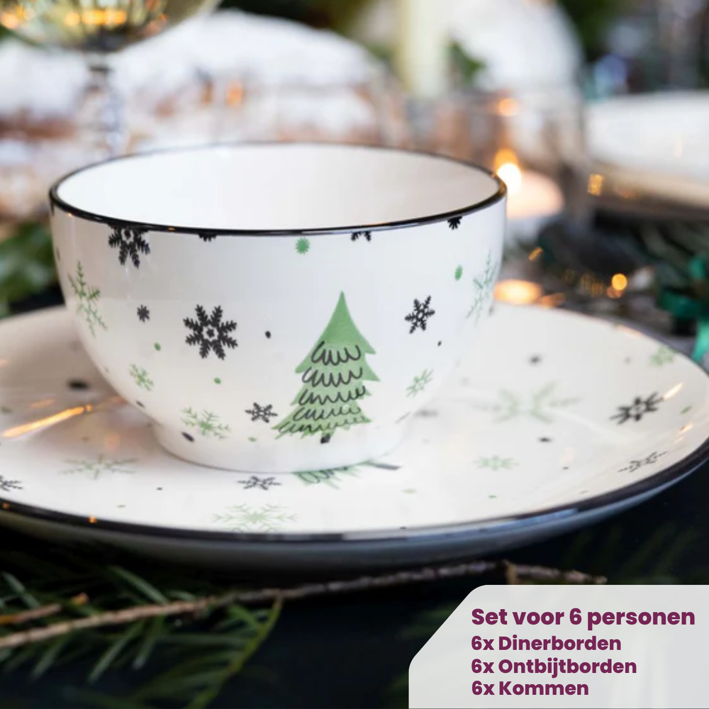 Cookinglife Weihnachtsgeschirrset Grün 18-teilig / 6 Personen - 6 Speiseteller , 6 Frühstücksteller & 6 Schalen