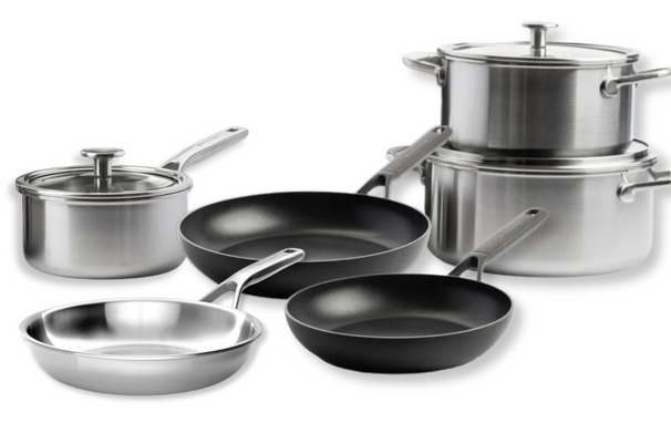 KitchenAid Topfset Multi-Ply Edelstahl 6-teilig - Kochtöpf ø 20, 24 cm, Stieltopf ø 16 cm, Bratpfanne ø 28 cm + Bratpfanne Classic Forged ø 24 & 28 cm