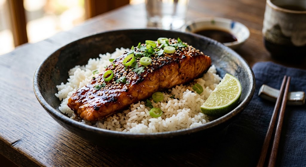 Saftiger Lachs, glänzende Teriyaki-Sauce und perfekter Reis aus deinem Reiskocher.