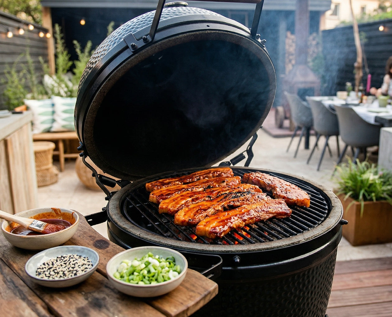 Dicke Scheiben Schweinebauch, mariniert in einer klebrigen, süß-scharfen Sauce auf Basis von koreanischem gochujang (fermentierte Chilipaste), garniert mit Sesamsamen und Frühlingszwiebeln.