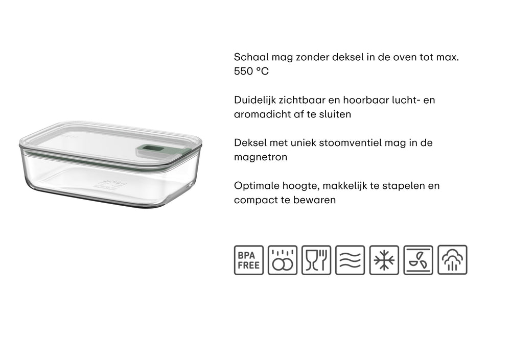 Mepal Auflaufform / Lasagneform mit Deckel EasyClip Nordic Sage - Glas - 2,25 Liter