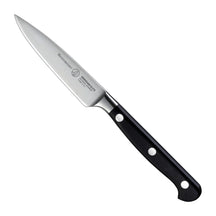 Messermeister Schilmes Meridian Elite 9 cm met zwart heft, vrijstaand op witte achtergrond