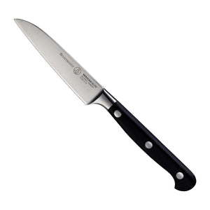Messermeister Schilmes met Rechte Snede Meridian Elite 9 cm met zwart heft, vrijstaand op witte achtergrond