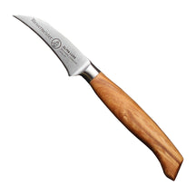 Messermeister Tourneermes Oliva Luxe 7 cm met olijfhouten heft, vrijstaand op witte achtergrond