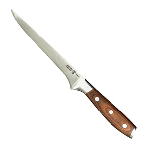 Messermeister Uitbeenmes Flexibel Avanta 18 cm met pakkahouten heft, vrijstaand op witte achtergrond