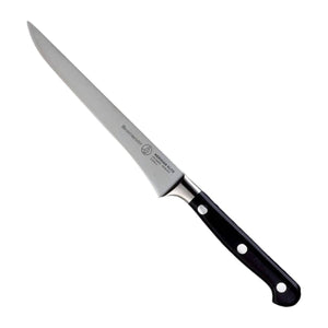 Messermeister Uitbeenmes Meridian Elite 15 cm met zwart heft, vrijstaand op witte achtergrond