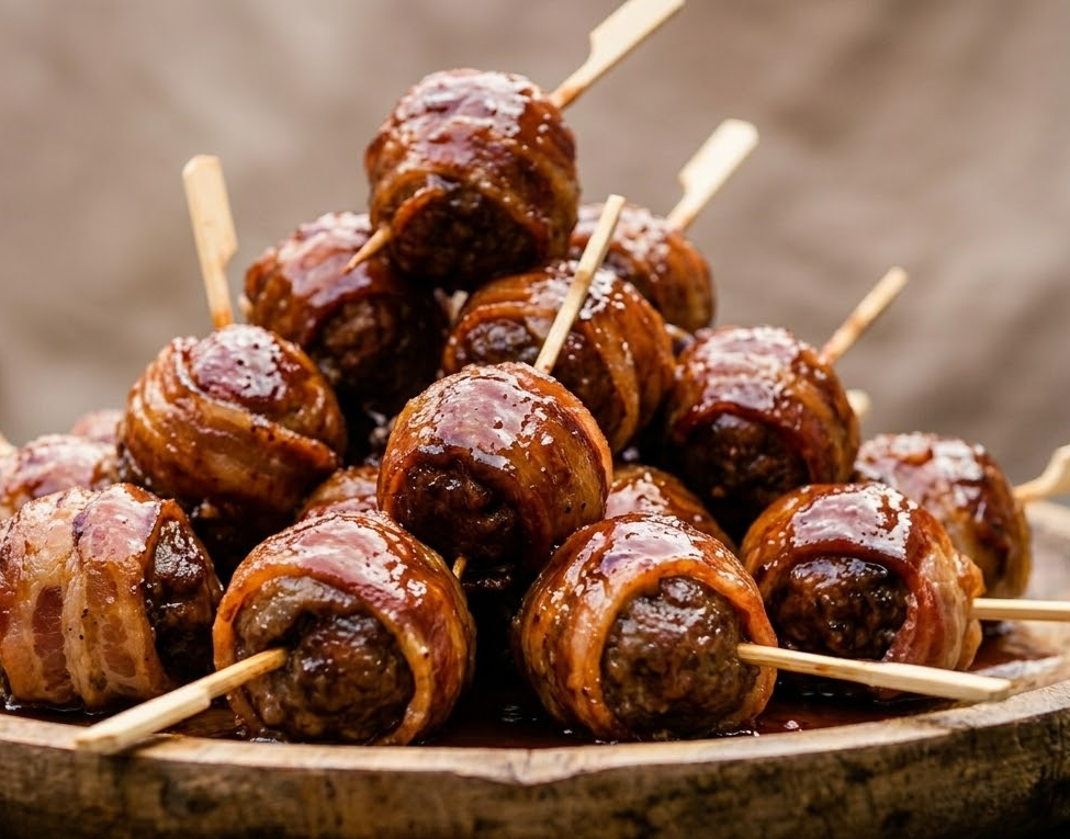 Knuspriger Bacon, saftige Fleischbällchen und eine klebrige Glasur. Herrlich zum Snacken