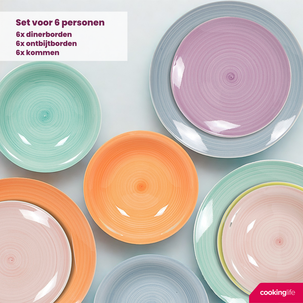 Cookinglife Pastel Harmony 18-teiliges Geschirrset / 6 Personen – 6 Speiseteller, 6 Frühstücksteller und 6 tiefe Teller