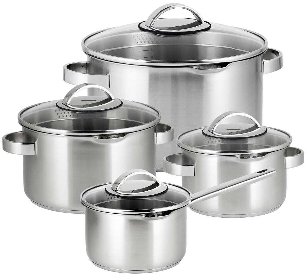 Sola Topfset Pearl 4-teilig – Edelstahl – downdraft-geeignet – Kochtöpfe Ø 16, 18, 20 cm & Stieltopf Ø 16 cm – geeignet für alle Herdarten
