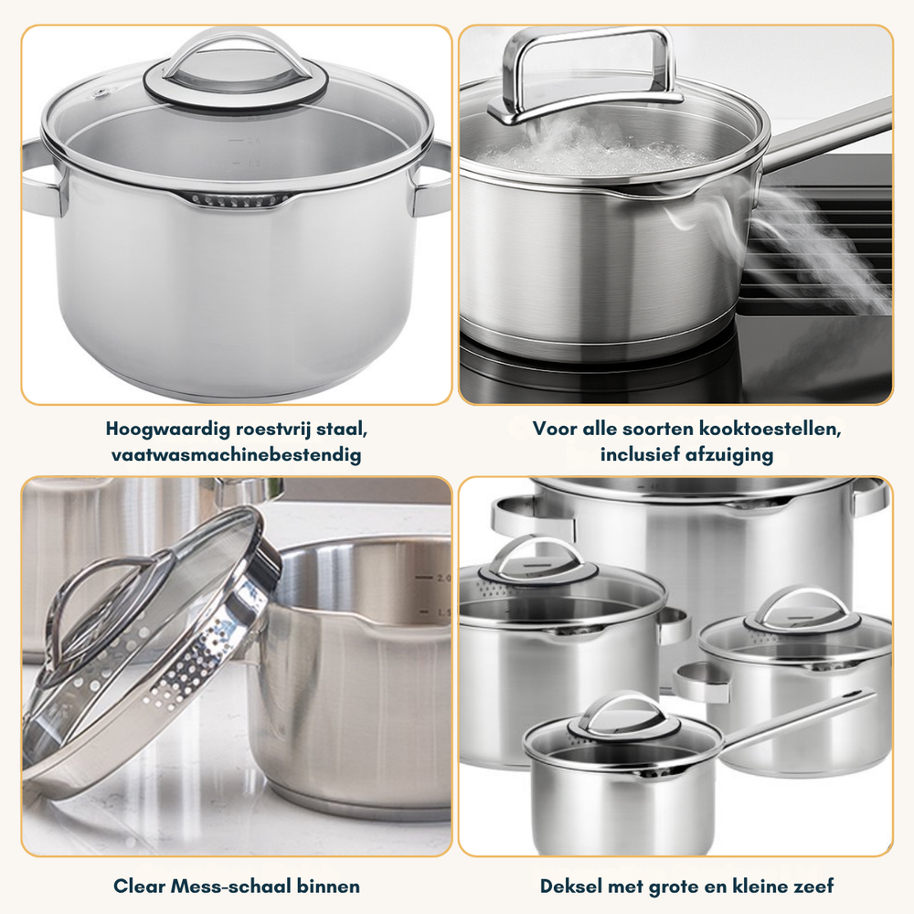 Sola Topfset Pearl 4-teilig – Edelstahl – downdraft-geeignet – Kochtöpfe Ø 16, 18, 20 cm & Stieltopf Ø 16 cm – geeignet für alle Herdarten
