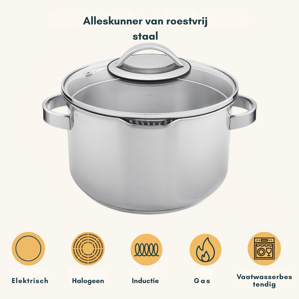 Sola Topfset Pearl 4-teilig – Edelstahl – downdraft-geeignet – Kochtöpfe Ø 16, 18, 20 cm & Stieltopf Ø 16 cm – geeignet für alle Herdarten
