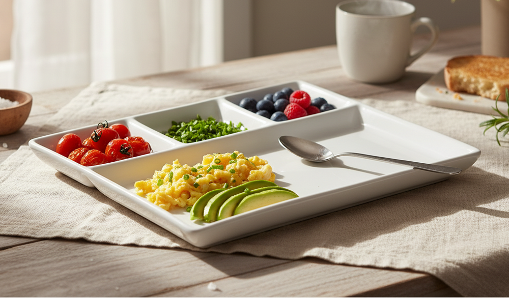 Cookinglife Fondueteller / Gourmetteller / Grillteller – 4 Fächer – Weiß – 26 x 20 cm – 4 Stück