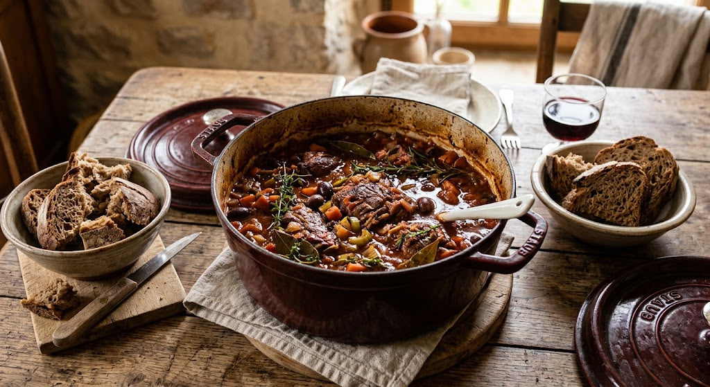 Langsam gegart mit Oliven, Tomaten und frischen Kräutern