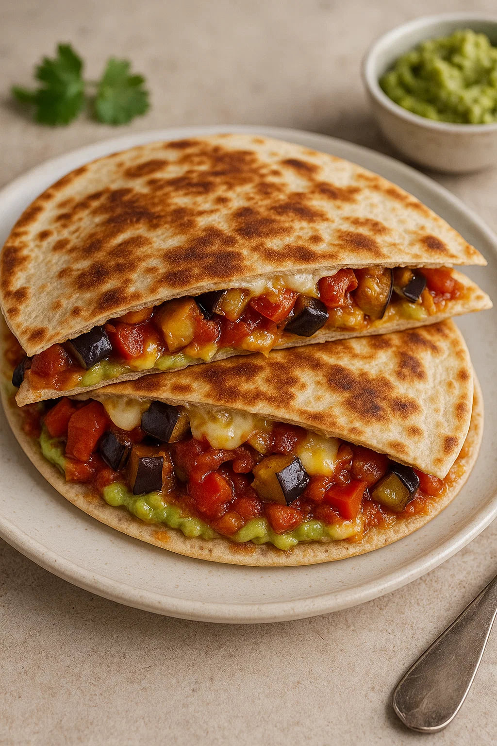 Knusprige Wraps gefüllt mit einer cremigen Auberginen-Paprika-Füllung, Avocado und geschmolzenem Käse