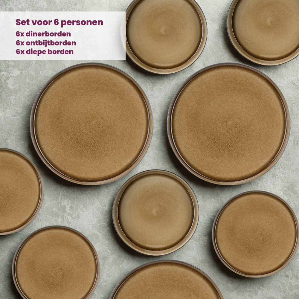 Cosy & Trendy Geschirrset Quintana Amber 18-teilig / 6 Personen - 6 Speiseteller, 6 Suppenteller und 6 Frühstücksteller