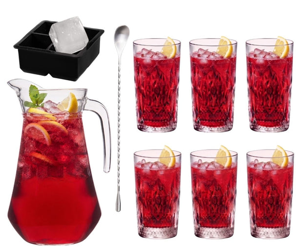 Cocktail-Set Rote Annie - Karaffe 1,6 L mit 6 Longdrinkgläsern 490 ml, Barlöffel & Eiswürfelform
