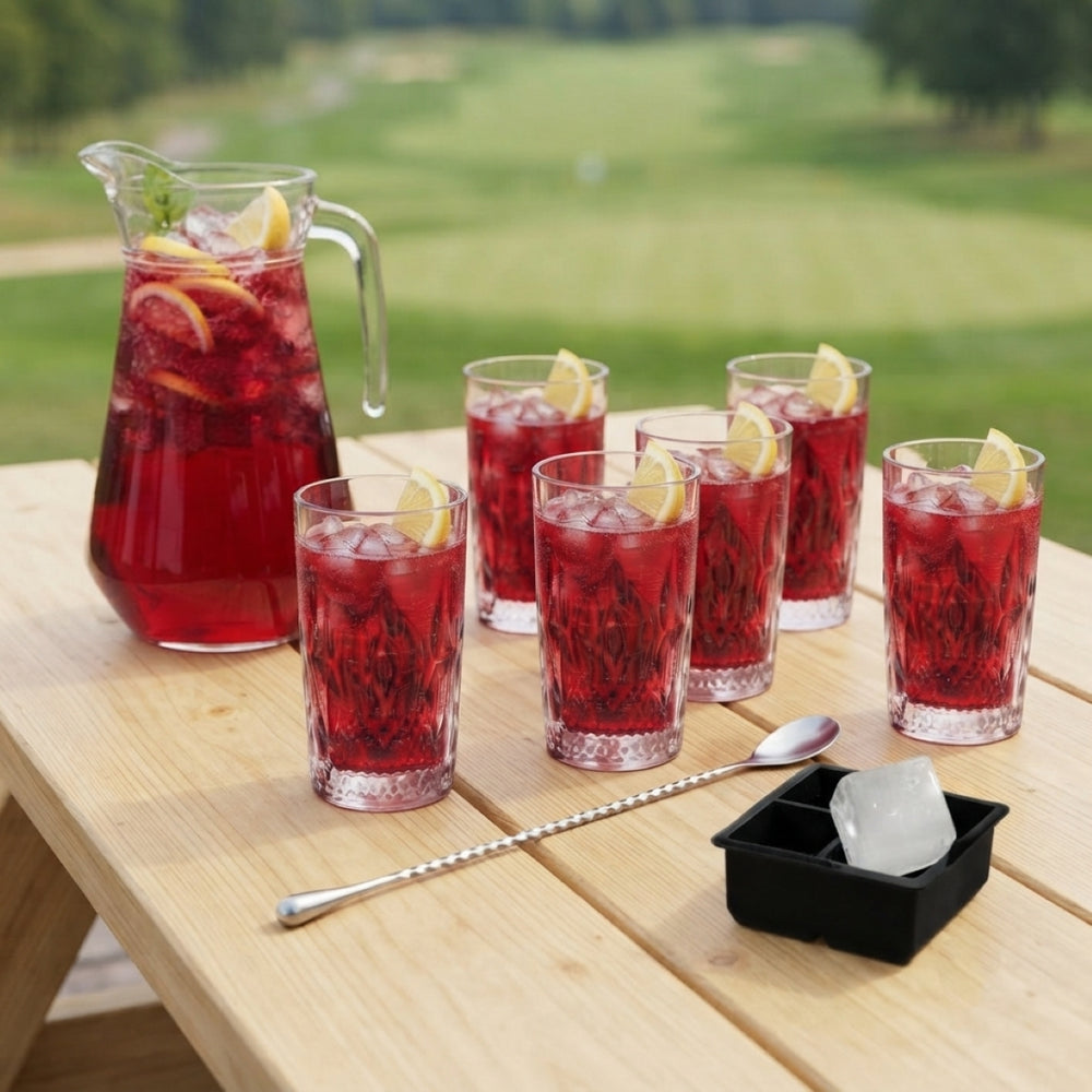 Cocktail-Set Rote Annie - Karaffe 1,6 L mit 6 Longdrinkgläsern 490 ml, Barlöffel & Eiswürfelform