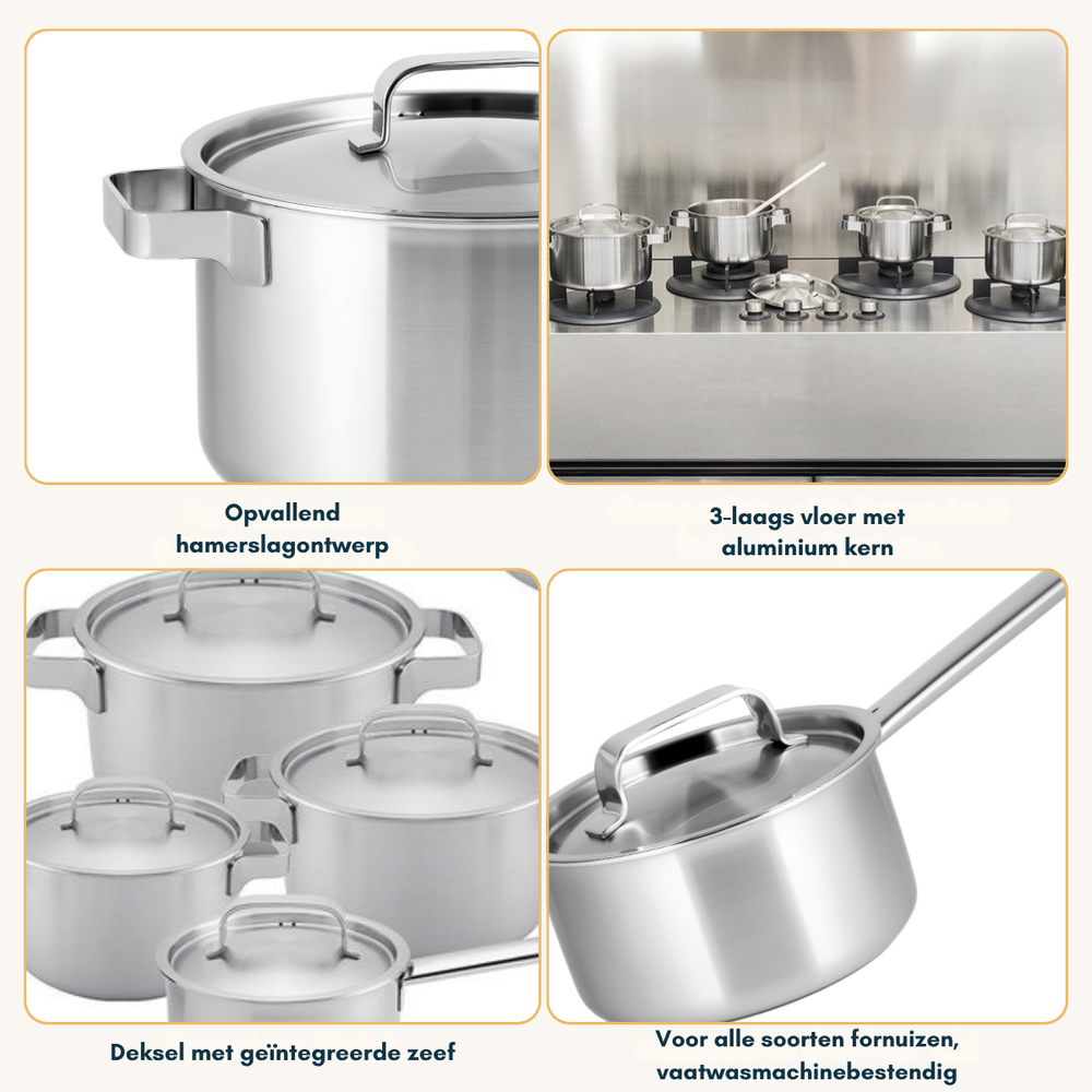 Sola Topfset Ruby 4-Teilig Premium Triply Edelstahl - Kochtopf ø 16, 18, 20 cm & Stielkasserolle ø 16 cm - Induktionsgeeignet