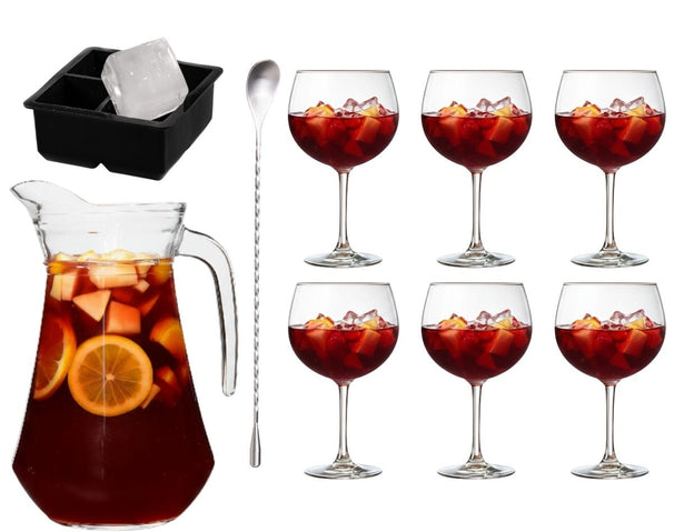 Sangriaset - Karaffe 1,6 L mit 6 Gläser 700 ml, Barlöffel & Eiswürfelform