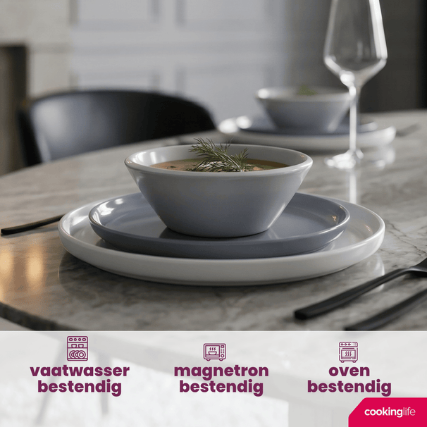 Cookinglife Geschirrset Siaki - Weiß / Blau / Grau - Porzellan 18-teilig / 6 Personen - 6 Speiseteller, 6 Frühstücksteller und 6 Schalen