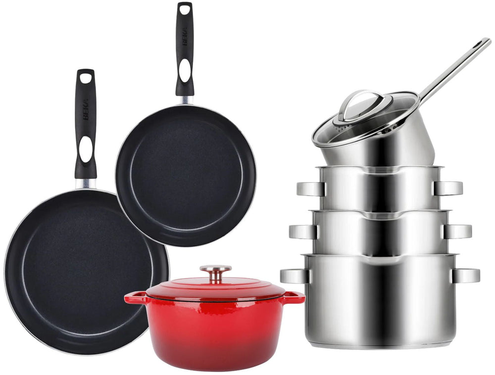 Sola Topfset Pearl 7-teilig Edelstahl - Downdraft geeignet - Kochtopf ø 16, 18, 20 cm & Stielkasserolle ø 16 cm + Bratpfanne ø 24, 28 cm + Bräter ø 24 cm