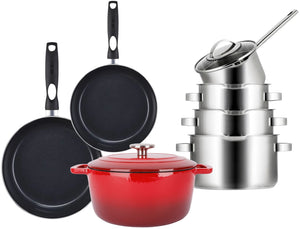 Sola Topfset Pearl 7-teilig Edelstahl - Downdraft geeignet - Kochtopf ø 16, 18, 20 cm & Stielkasserolle ø 16 cm + Bratpfanne ø 24, 28 cm + Bräter ø 24 cm