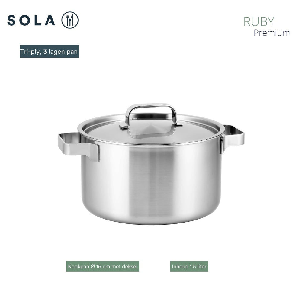 Sola Topfset Ruby 4-Teilig Premium Triply Edelstahl - Kochtopf ø 16, 18, 20 cm & Stielkasserolle ø 16 cm - Induktionsgeeignet