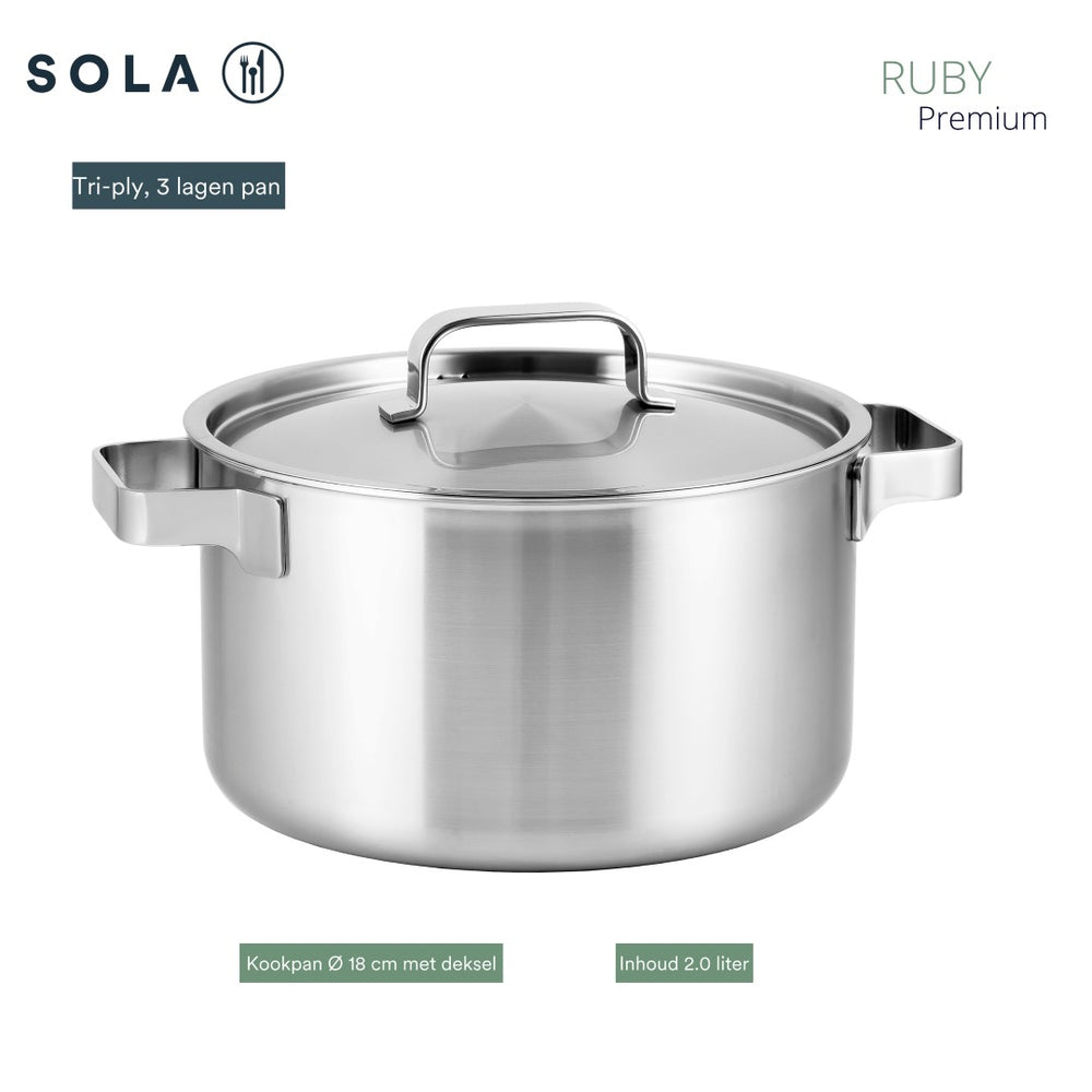 Sola Topfset Ruby 4-Teilig Premium Triply Edelstahl - Kochtopf ø 16, 18, 20 cm & Stielkasserolle ø 16 cm - Induktionsgeeignet