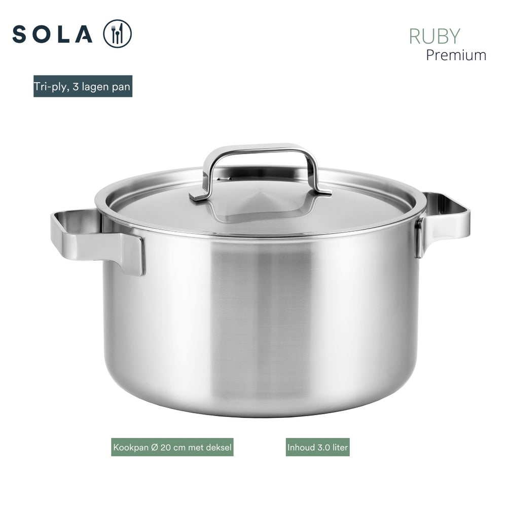 Sola Topfset Ruby 4-Teilig Premium Triply Edelstahl - Kochtopf ø 16, 18, 20 cm & Stielkasserolle ø 16 cm - Induktionsgeeignet
