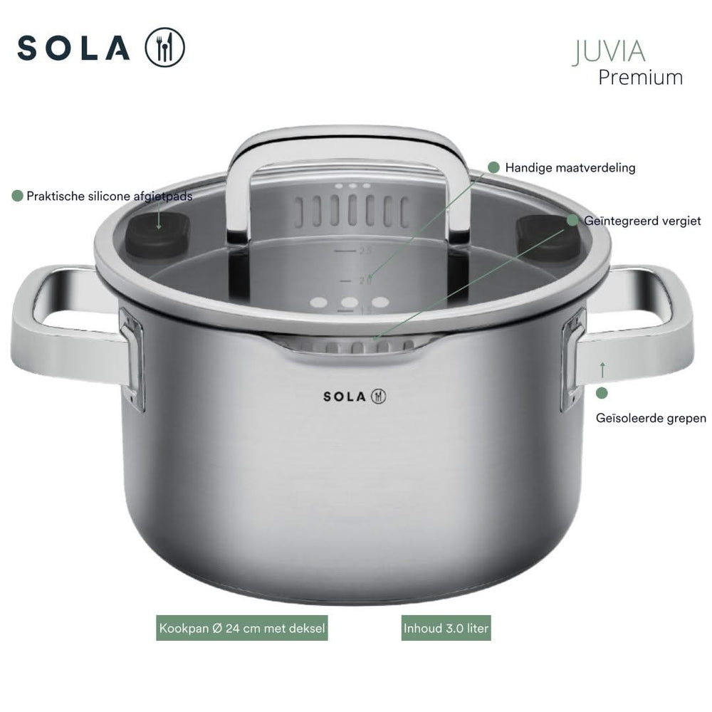 Sola Topfset Juvia 5-teilig – Edelstahl – downdraft-geeignet – Kochtöpfe Ø 16, 18, 20, 24 cm & Stieltopf Ø 16 cm – geeignet für alle Herdarten