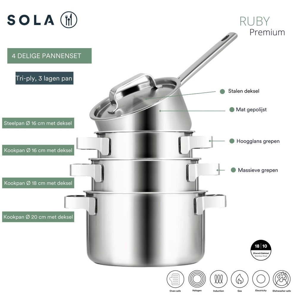 Sola Topfset Ruby 4-Teilig Premium Triply Edelstahl - Kochtopf ø 16, 18, 20 cm & Stielkasserolle ø 16 cm - Induktionsgeeignet