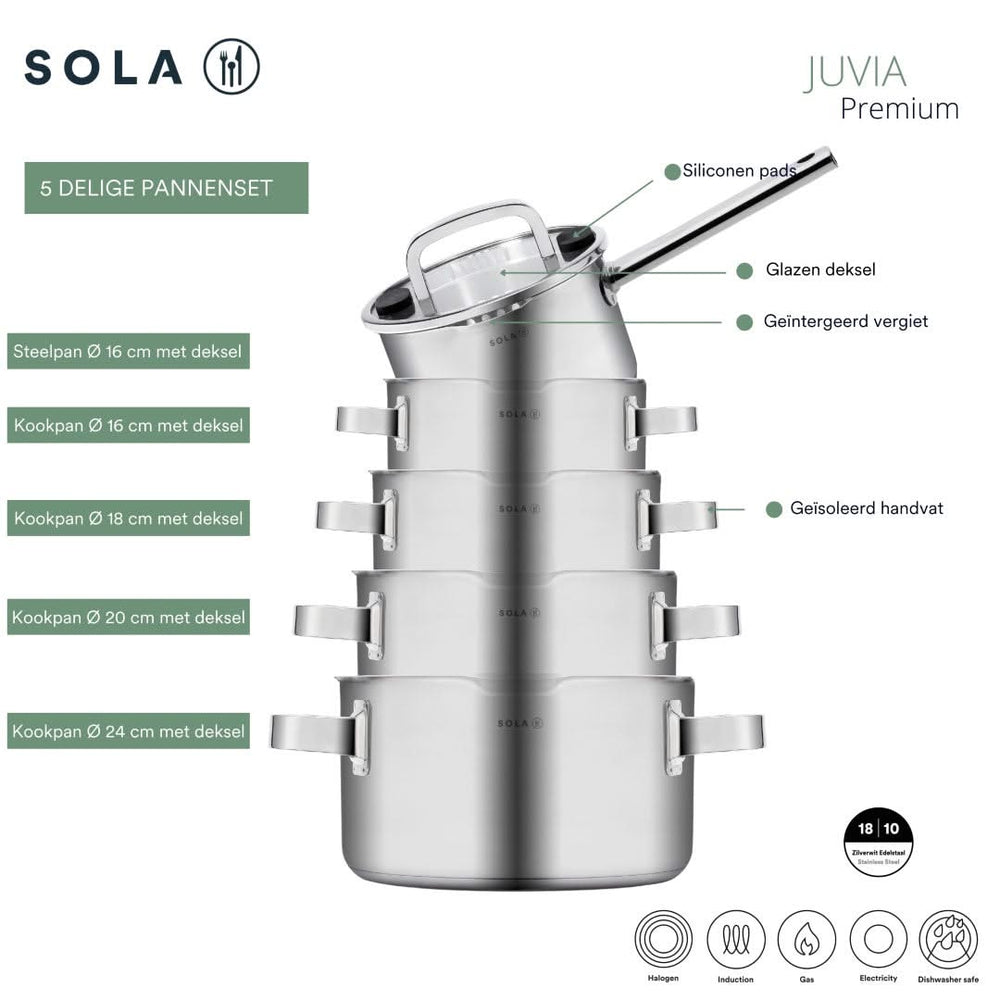 Sola Topfset Juvia 5-teilig – Edelstahl – downdraft-geeignet – Kochtöpfe Ø 16, 18, 20, 24 cm & Stieltopf Ø 16 cm – geeignet für alle Herdarten