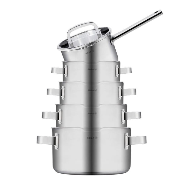Sola Topfset Juvia 5-teilig – Edelstahl – downdraft-geeignet – Kochtöpfe Ø 16, 18, 20, 24 cm & Stieltopf Ø 16 cm – geeignet für alle Herdarten
