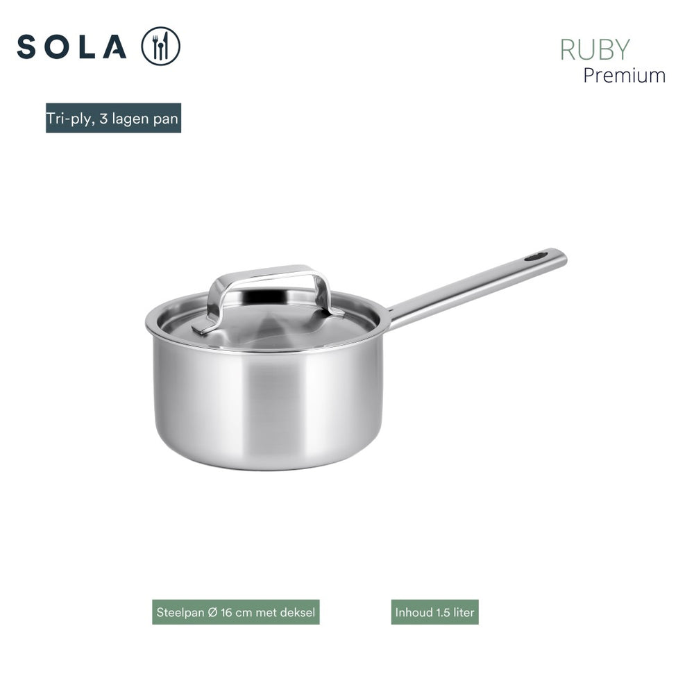 Sola Topfset Ruby 4-Teilig Premium Triply Edelstahl - Kochtopf ø 16, 18, 20 cm & Stielkasserolle ø 16 cm - Induktionsgeeignet