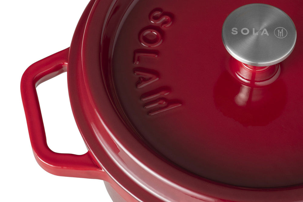 Sola Bräter mit Deckel Gusseisen - Rot - ø 28 cm / 5 Liter - Emaillierte Antihaftbeschichtung