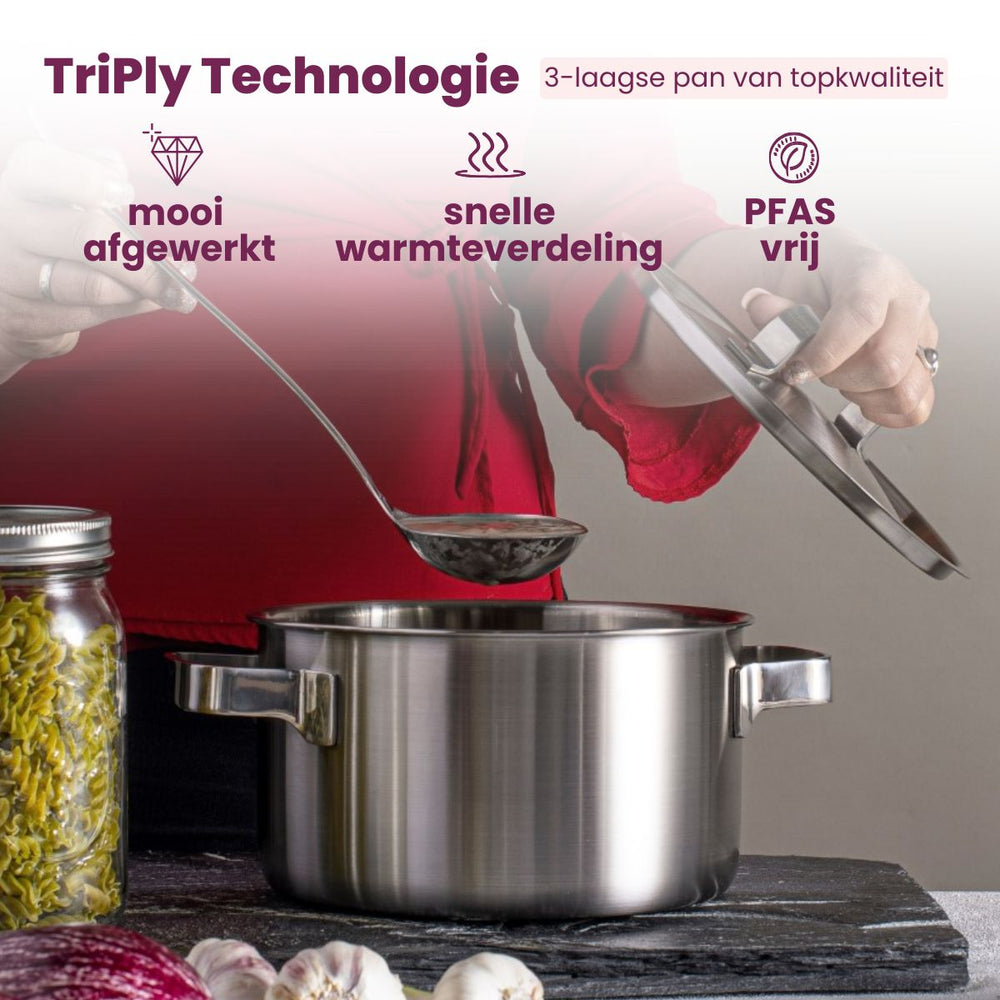 Sola Kochgeschirr Set Ruby 7-teilig Premium Triply RVS - Kochtopf ø 16, 18, 20 und 24 cm und Stielkasserolle ø 16 cm & BEKA Bratpfannen Pro Induc ø 24 & 28 cm