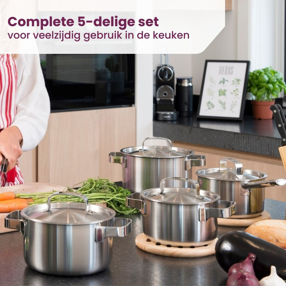 Sola Kochgeschirr Set Ruby 7-teilig Premium Triply RVS - Kochtopf ø 16, 18, 20 und 24 cm und Stielkasserolle ø 16 cm & BEKA Bratpfannen Pro Induc ø 24 & 28 cm