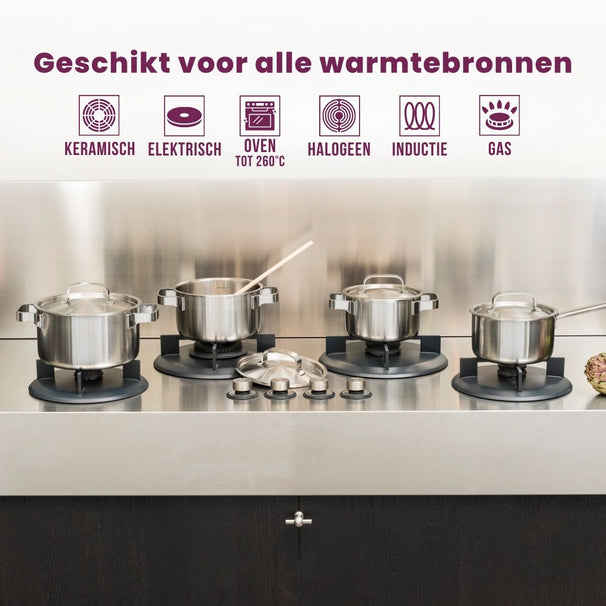 Sola Kochgeschirr Set Ruby 7-teilig Premium Triply RVS - Kochtopf ø 16, 18, 20 und 24 cm und Stielkasserolle ø 16 cm & BEKA Bratpfannen Pro Induc ø 24 & 28 cm