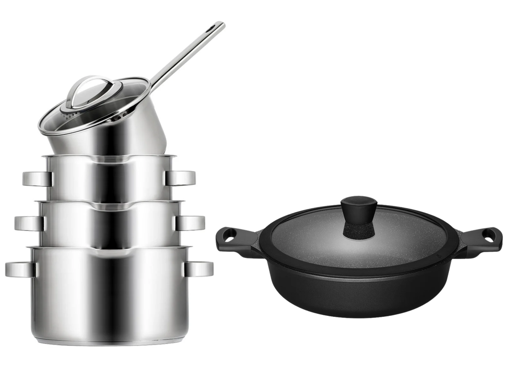 Sola Topfset Pearl 4-teilig – Edelstahl – downdraft-geeignet + Sola Schmorpfanne Fair Ø 28 cm – geeignet für alle Herdarten
