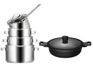 Sola Topfset Pearl 4-teilig – Edelstahl – downdraft-geeignet + Sola Schmorpfanne Fair Ø 28 cm – geeignet für alle Herdarten