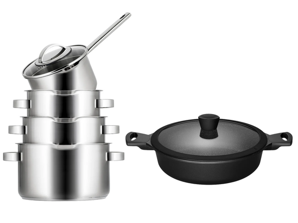 Sola Topfset Pearl 4-teilig – Edelstahl – downdraft-geeignet + Sola Schmorpfanne Fair Ø 28 cm – geeignet für alle Herdarten