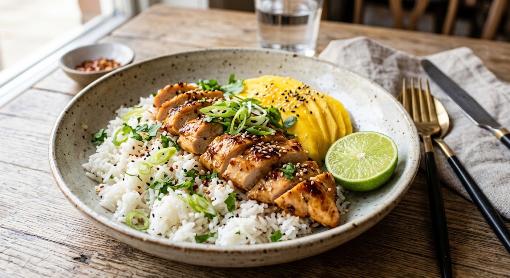 Cremiger Kokosreis mit saftigem Hähnchen und frischer Mango, servierbereit.