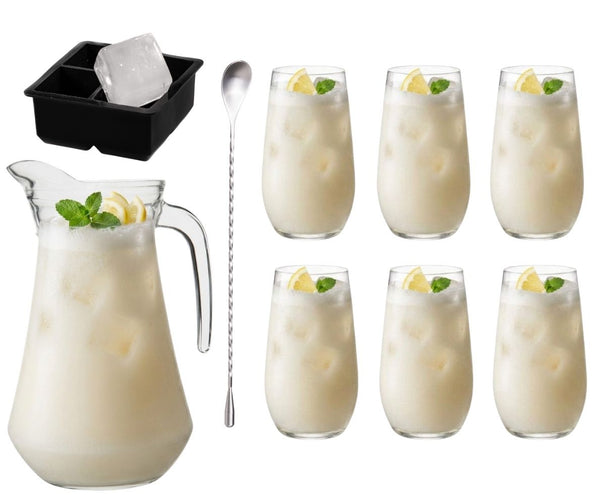 Cocktail-Set Vanessa - Karaffe 1,6 L mit 6 Longdrinkgläsern 390 ml, Barlöffel & Eiswürfelform